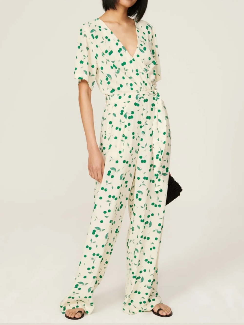 Tara Jarmon Green Cherry Print Wrap Jumpsuit Size 38 Small